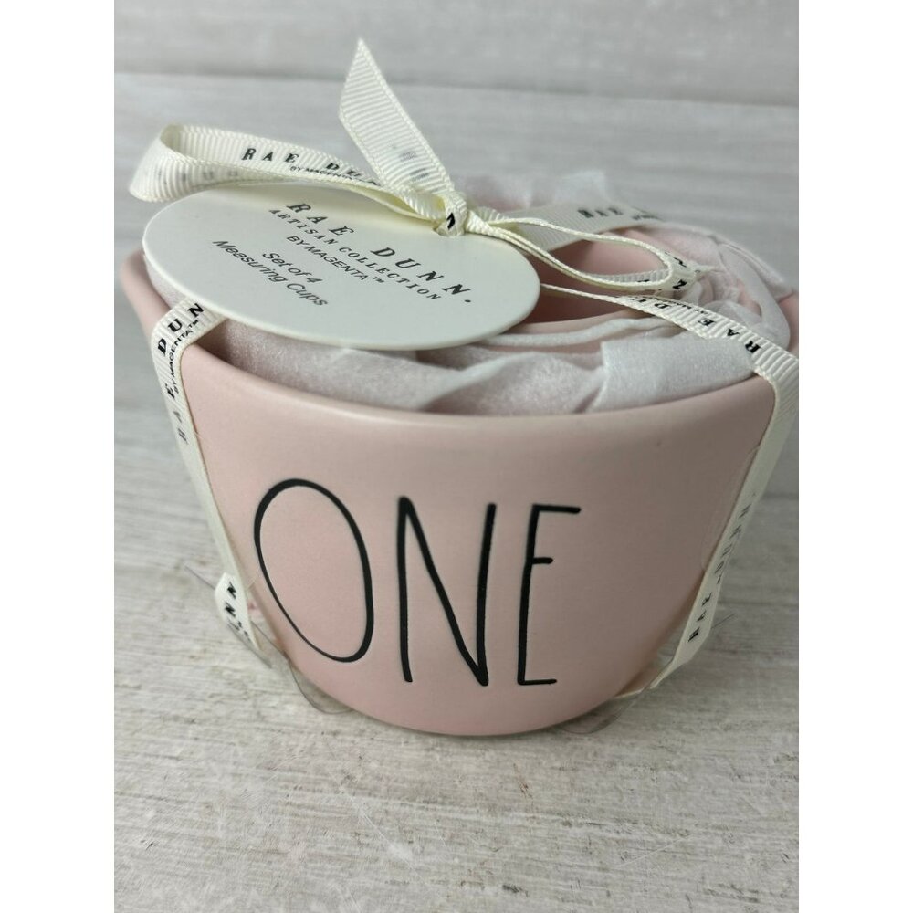 RAE DUNN "ONE, HALF, THIRD, QUARTER" PINK MIDDLE SET OF 4 MEASURING CUPS COLLECT